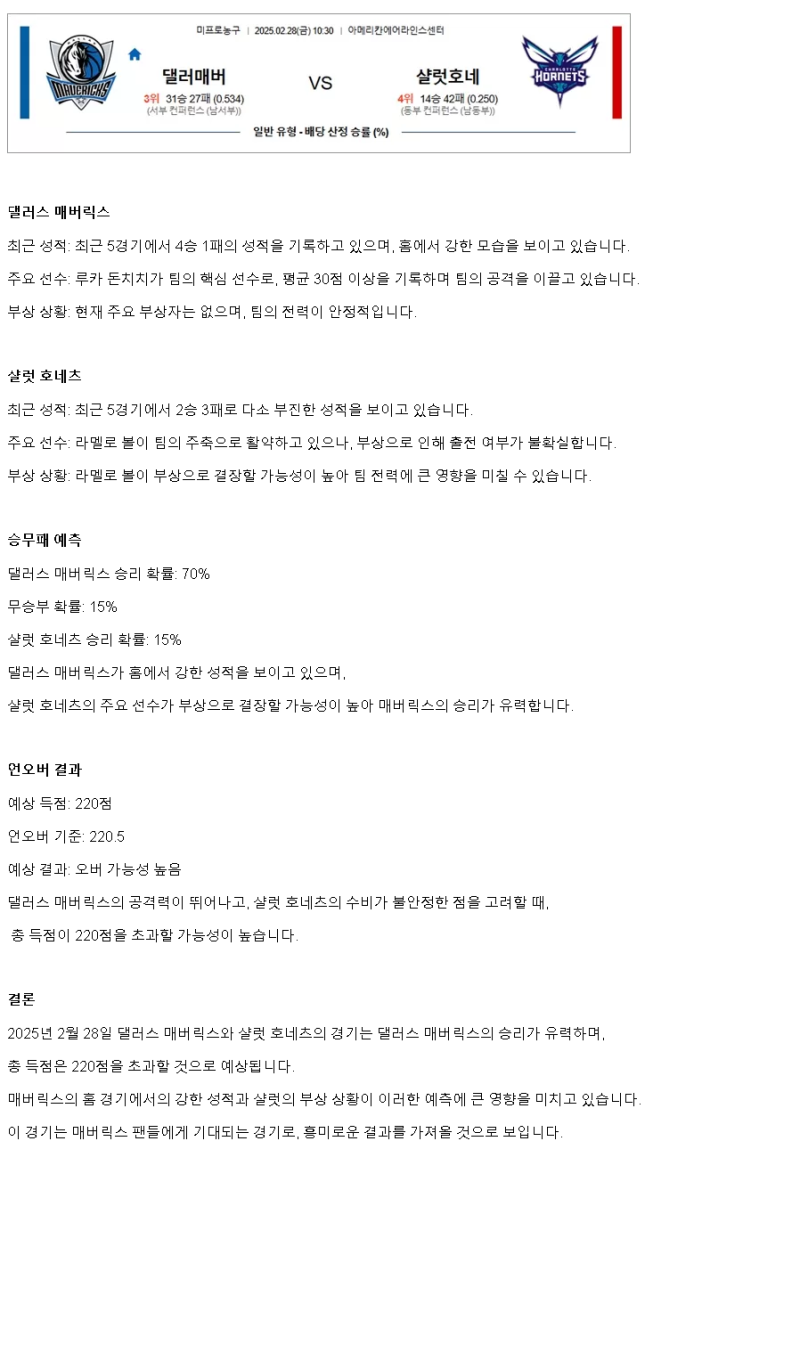 2025년2월28일 댈러스 매버릭스 샬럿 호네츠 미국농구 분석 및 중계 올스티비