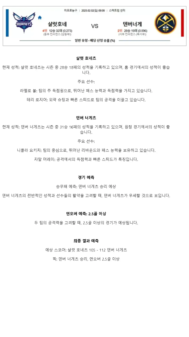 2025년2월2일 샬럿 호네츠 덴버 너게츠 해외농구 중계 및 분석 올스티비