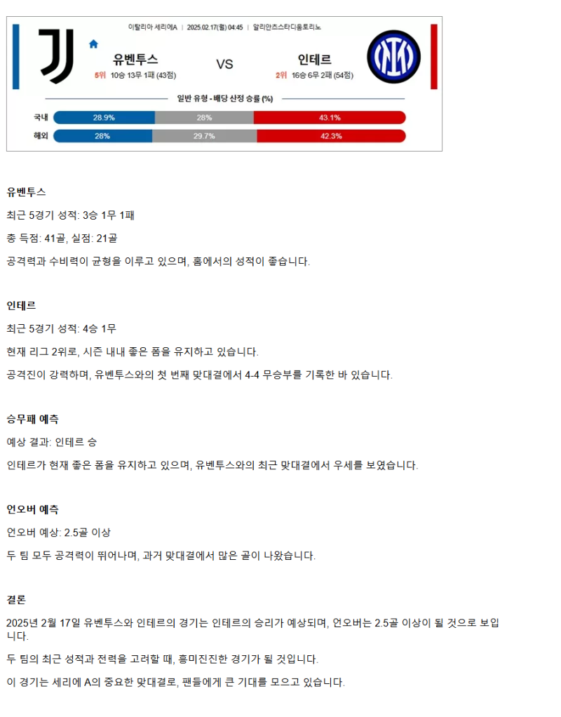 2025년2월17일 유벤투스 FC FC 인테르나치오날레 밀라노 스포츠 분석 및 중계 올스티비