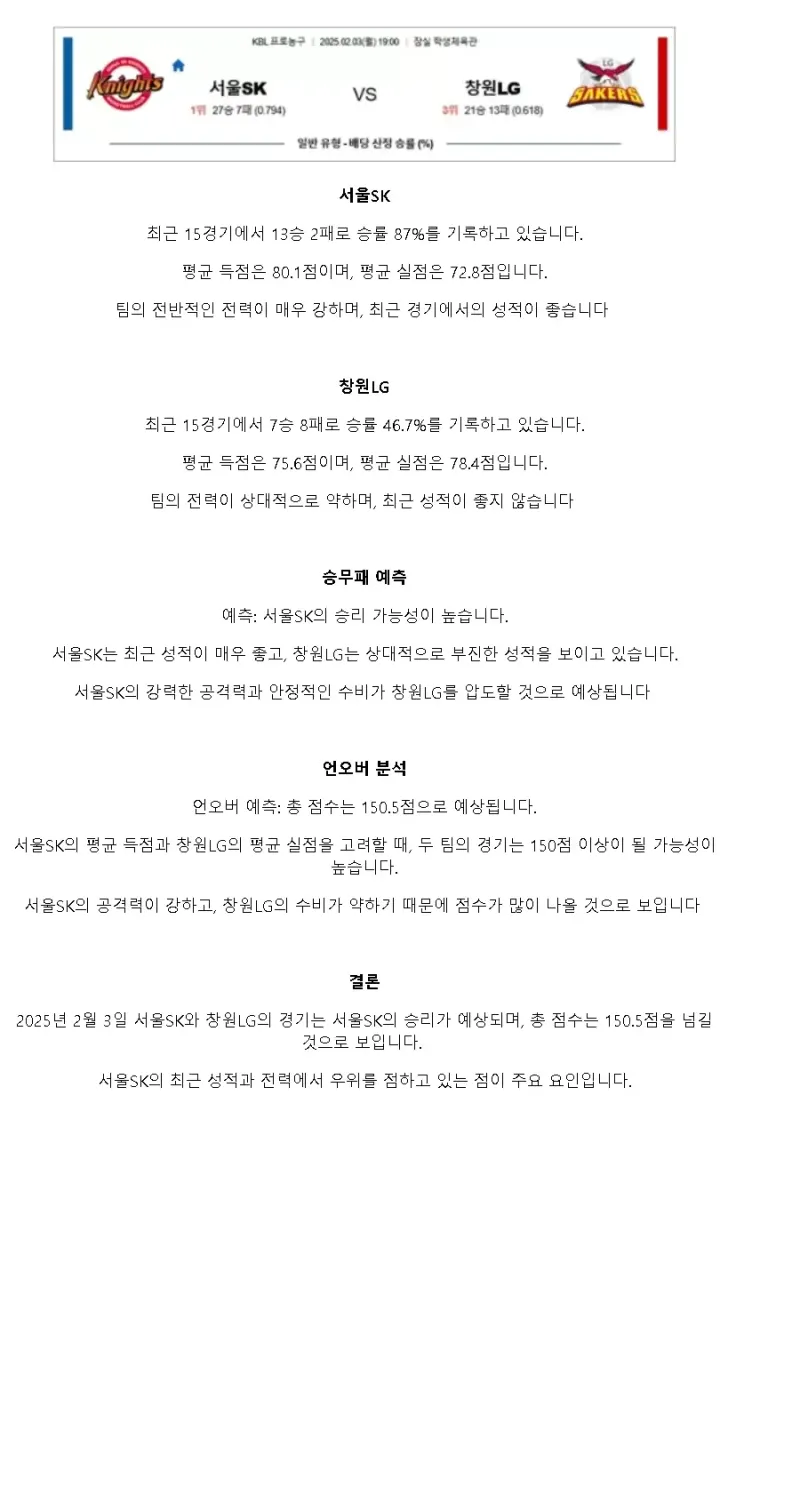2025년2월3일 서울 SK 나이츠 창원 LG 세이커스 KBL 올스티비
