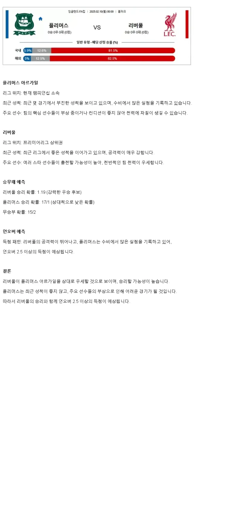 2025년2월10일 플리머스 아가일 FC 리버풀 FC 스포츠 분석 및 중계 올스티비