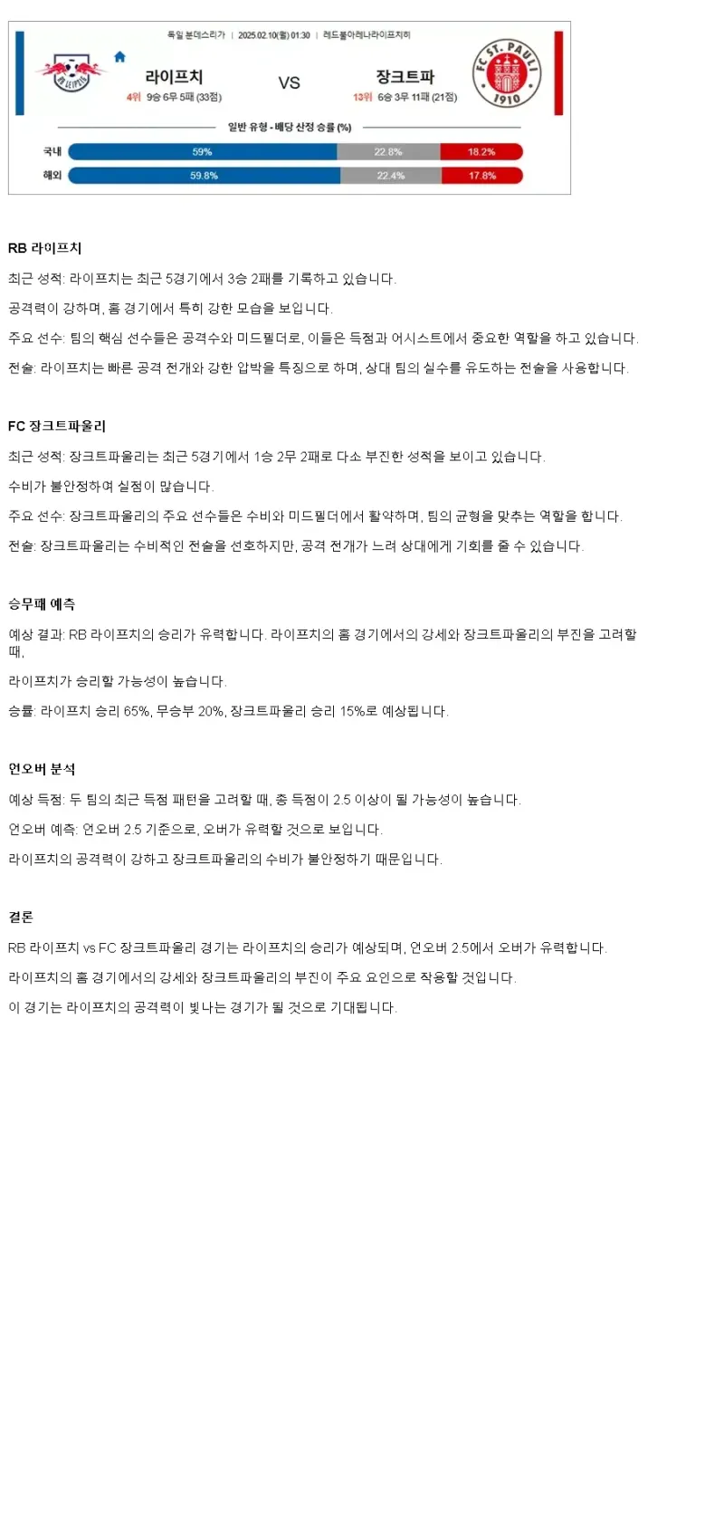 2025년2월10일 라젠발스포르트 라이프치히 FC 상 파울리 폰 1910 해외축구 분석 및 중계 올스티비