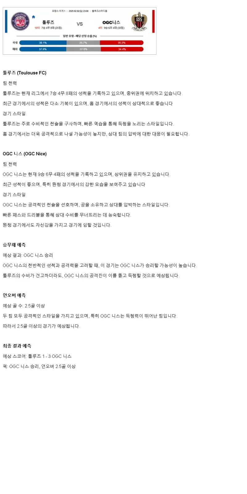 2025년2월2일 툴루즈 FC OGC 드 니스 코트다쥐르 해외스포츠 중계 및 분석 올스티비