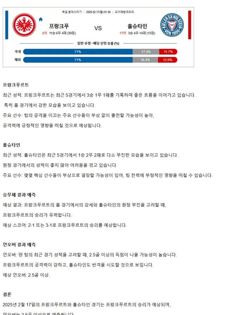 2025년2월17일 아인트라흐트 프랑크푸르트 키엘러 SV 홀슈타인 1900 스포츠 중계 및 분석 올스티비
