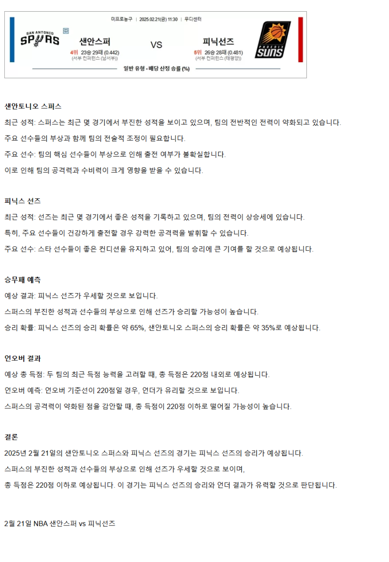 2025년2월21일 샌안토니오 스퍼스 피닉스 선즈 해외농구 중계 및 분석 올스티비