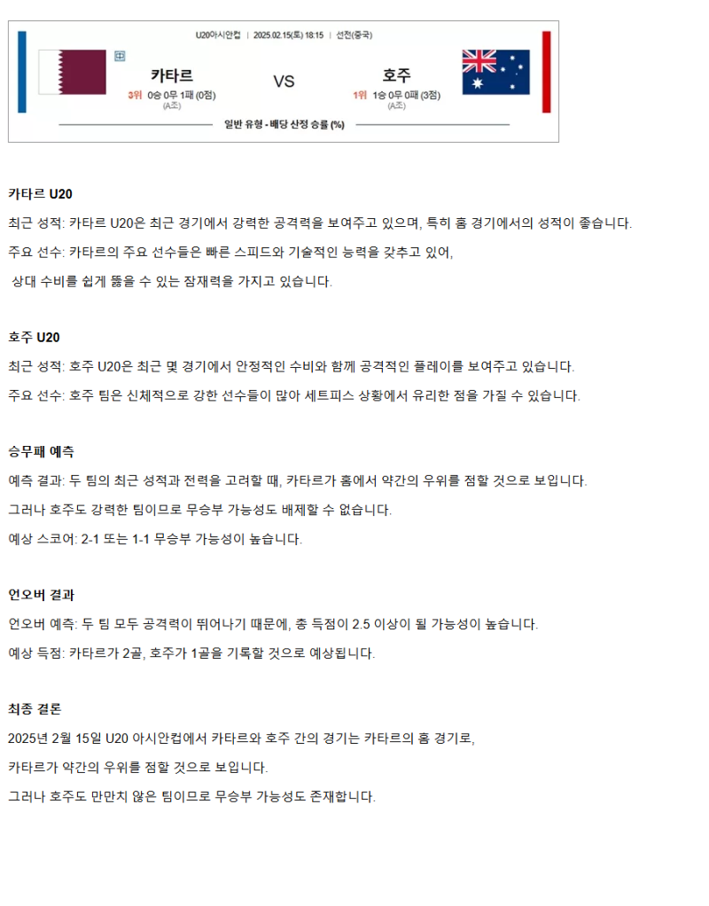 2025년2월15일 카타르 호주 해외스포츠 중계 및 분석 올스티비