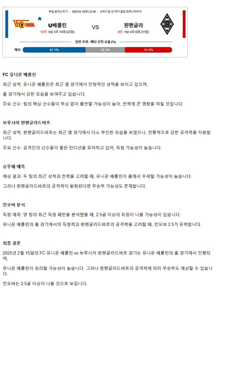2025년2월15일 1. FC 우니온 베를린 보루시아 VfL 묀헨글라트바흐 해외축구 중계 및 분석 올스티비