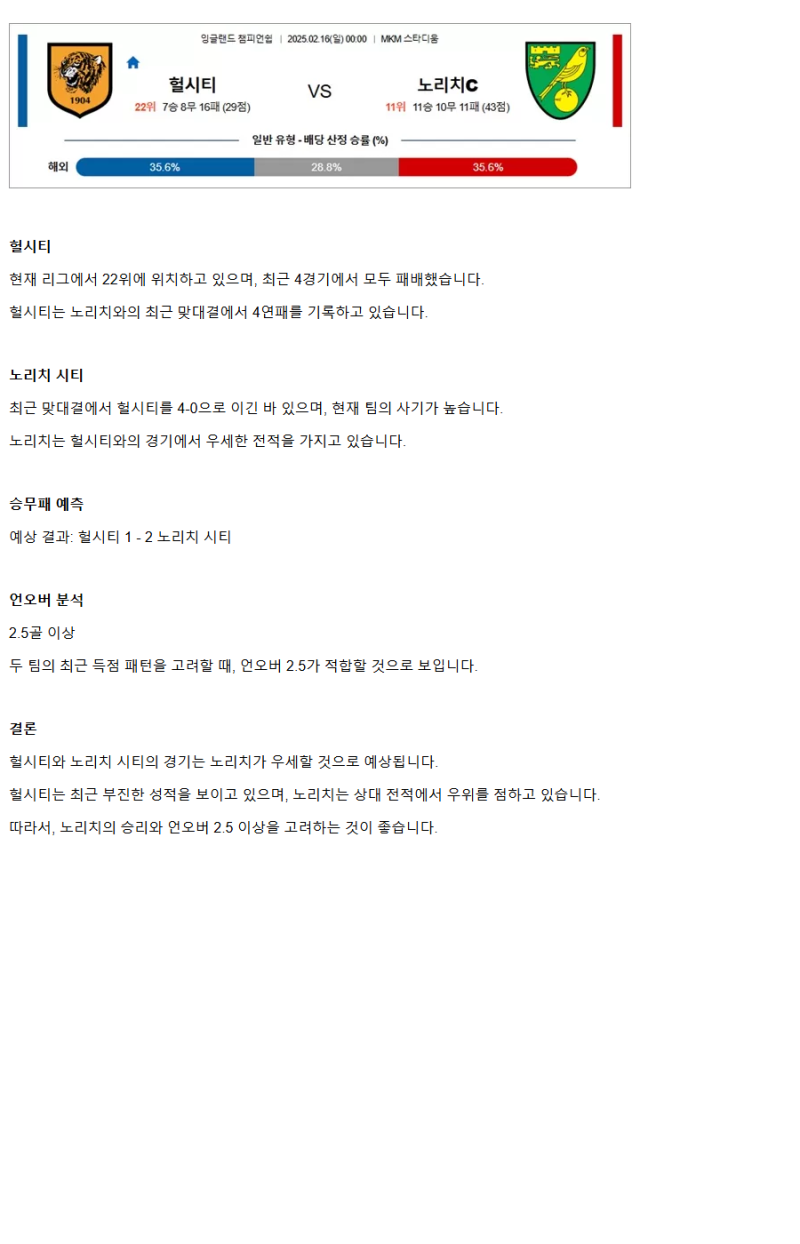 2025년2월16일 헐시티 노리치시티 스포츠 중계 및 분석 올스티비