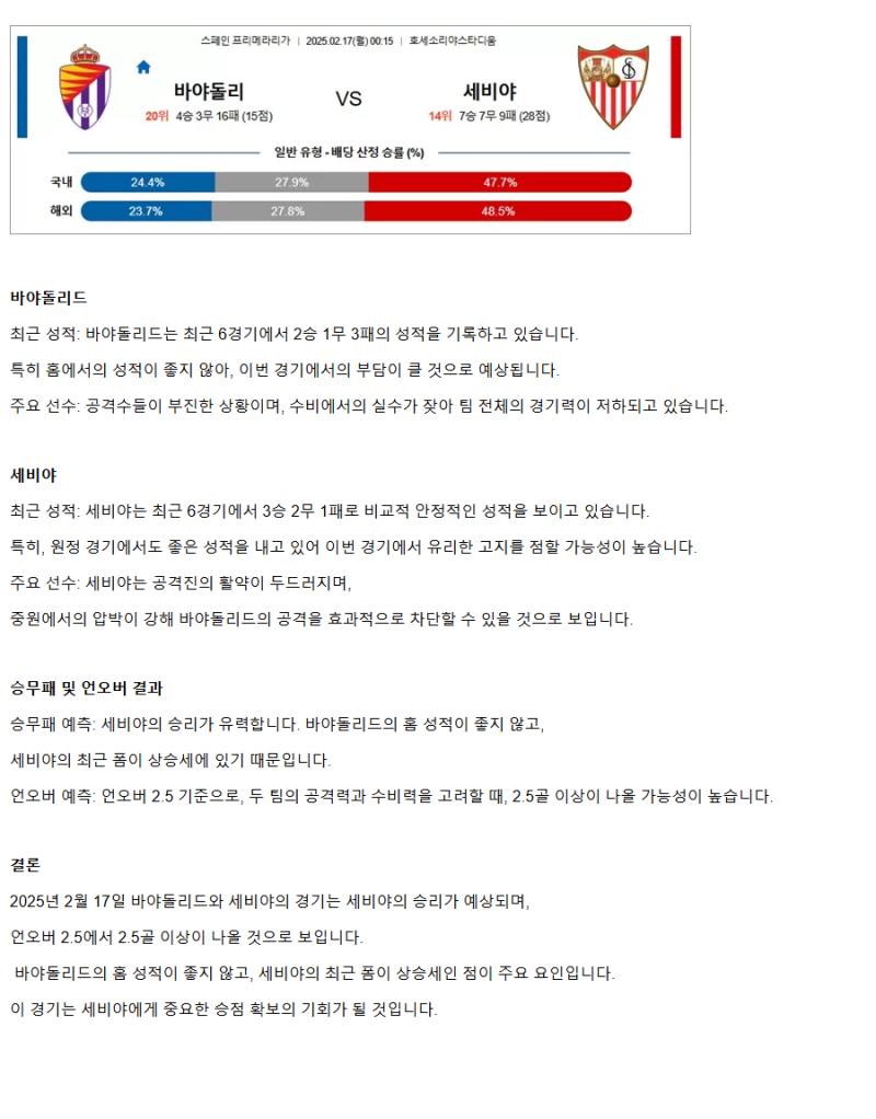 2025년2월17일 레알 바야돌리드 CF 세비야 FC 해외스포츠 분석 및 중계 올스티비