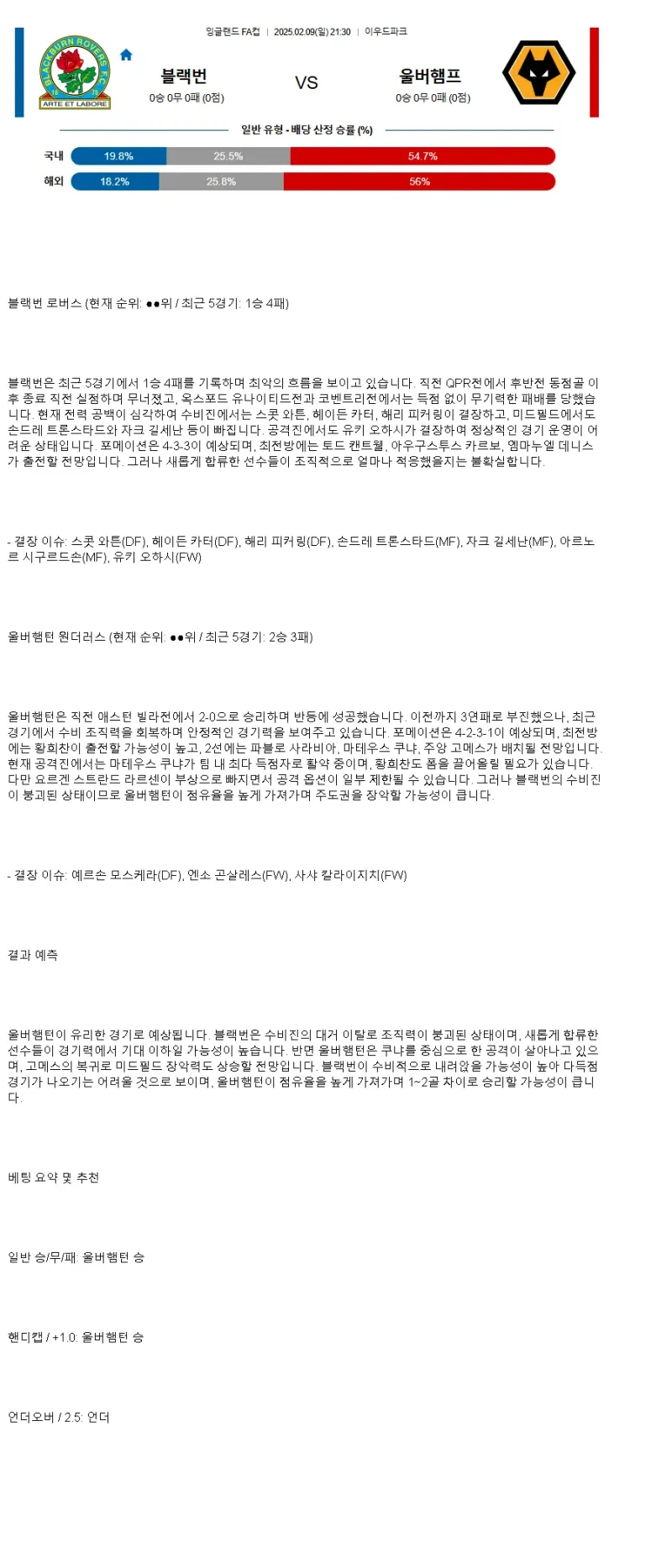 2025년2월9일 블랙번 로버스 FC 울버햄튼 원더러스 FC 해외축구 분석 및 중계 올스티비