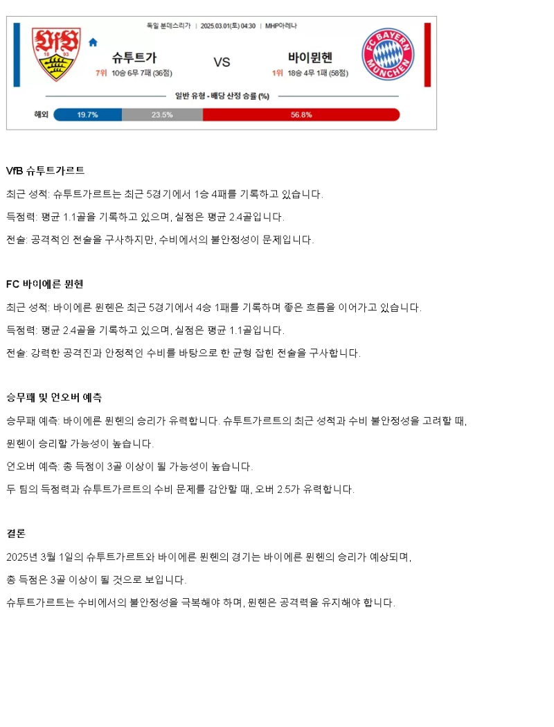 2025년3월1일 VfB 슈투트가르트 FC 바이에른 뮌헨 해외축구 중계 및 분석 올스티비