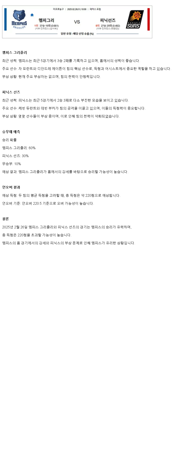 2025년2월26일 멤피스 그리즐리스 피닉스 선즈 미국농구 분석 및 중계 올스티비