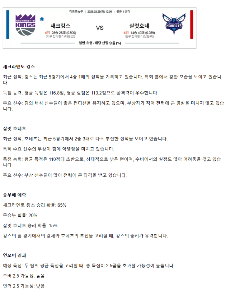 2025년2월25일 새크라멘토 킹스 샬럿 호네츠 미국농구 중계 및 분석 올스티비