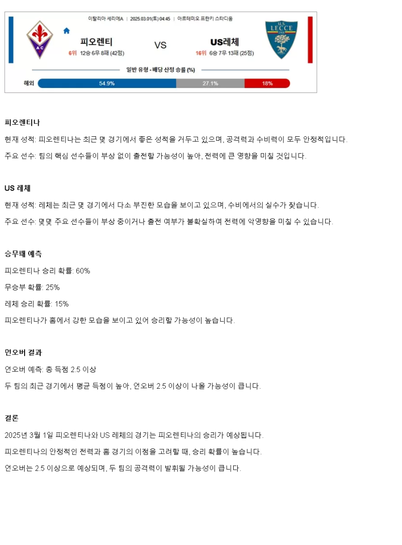 2025년3월1일 피오렌티나 레체 스포츠 분석 및 중계 올스티비