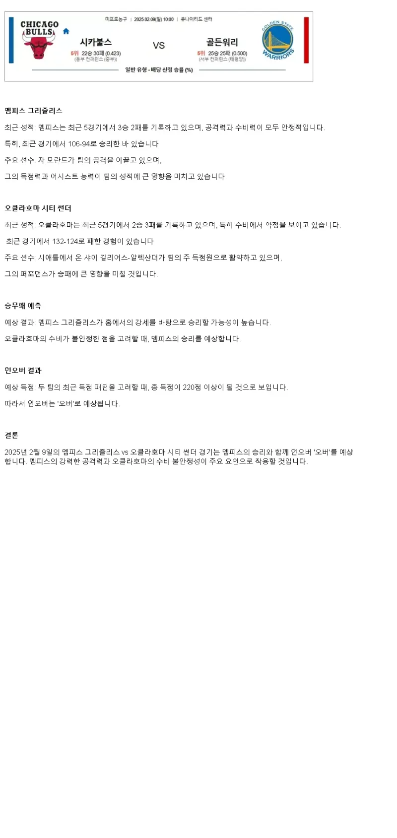2025년2월9일 멤피스 그리즐리스 오클라호마 시티 썬더 NBA 중계 및 분석 올스티비