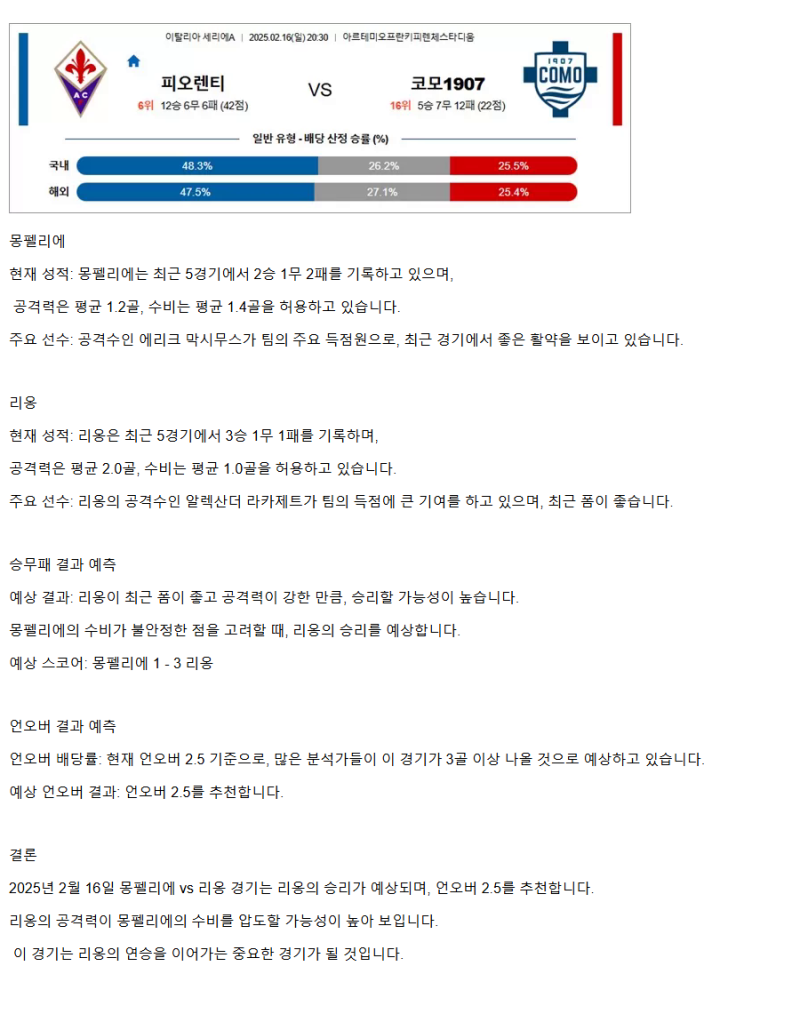 2025년2월16일 몽펠리에 HSC 올랭피크 리옹 스포츠 중계 및 분석 올스티비