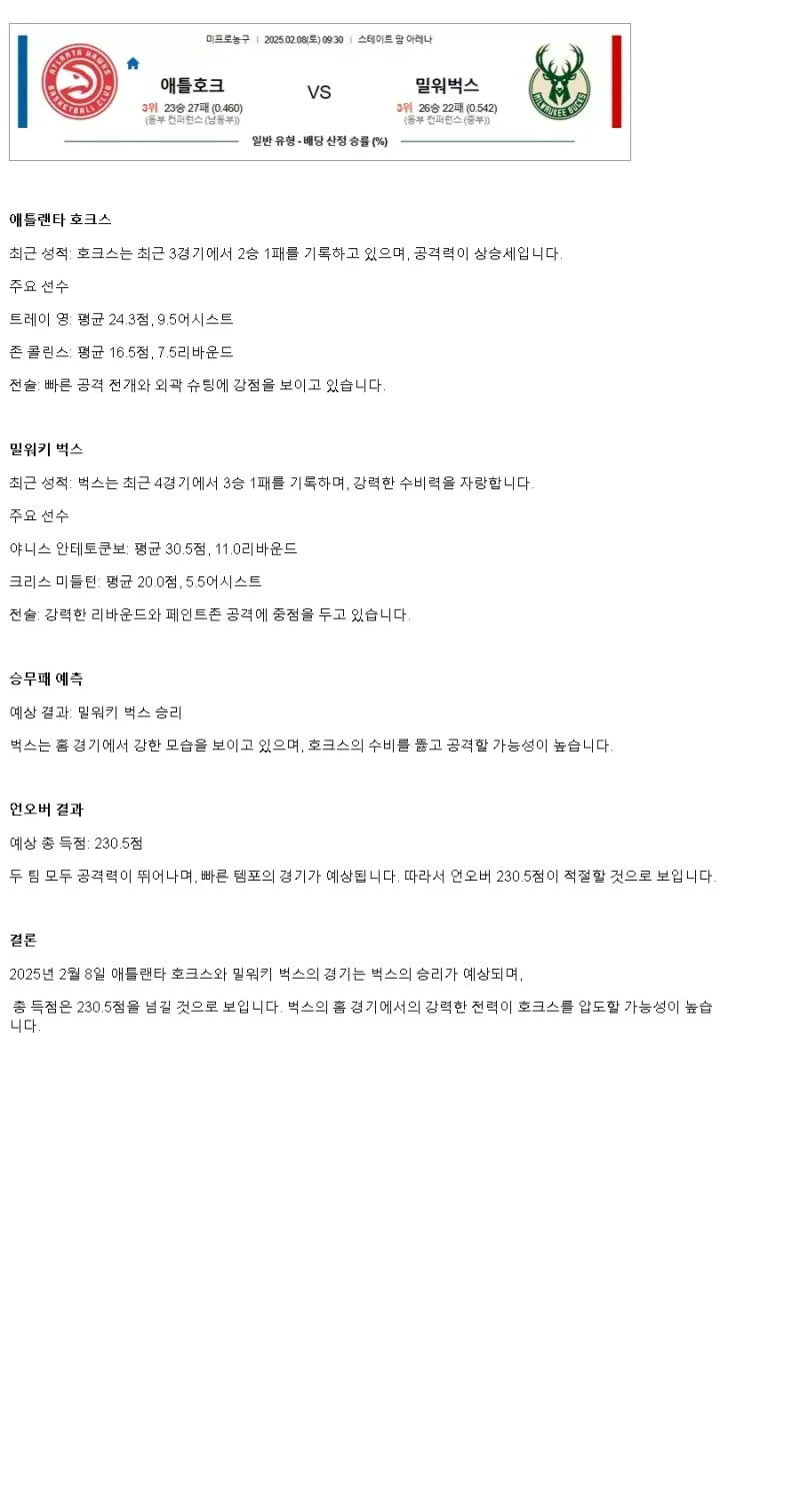 2025년2월8일 애틀랜타 호크스 밀워키 벅스 NBA 분석 및 중계 올스티비