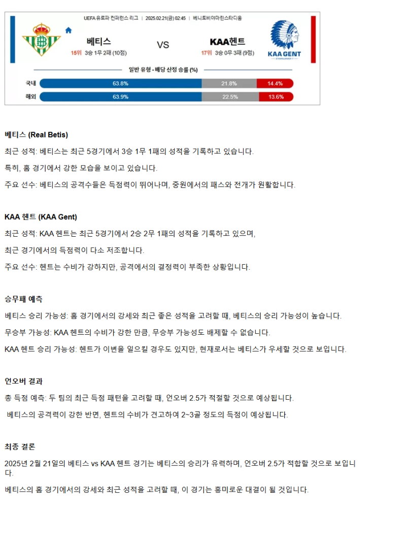 2025년2월21일 레알 베티스 발롬피에 KAA 헨트 해외축구 분석 및 중계 올스티비