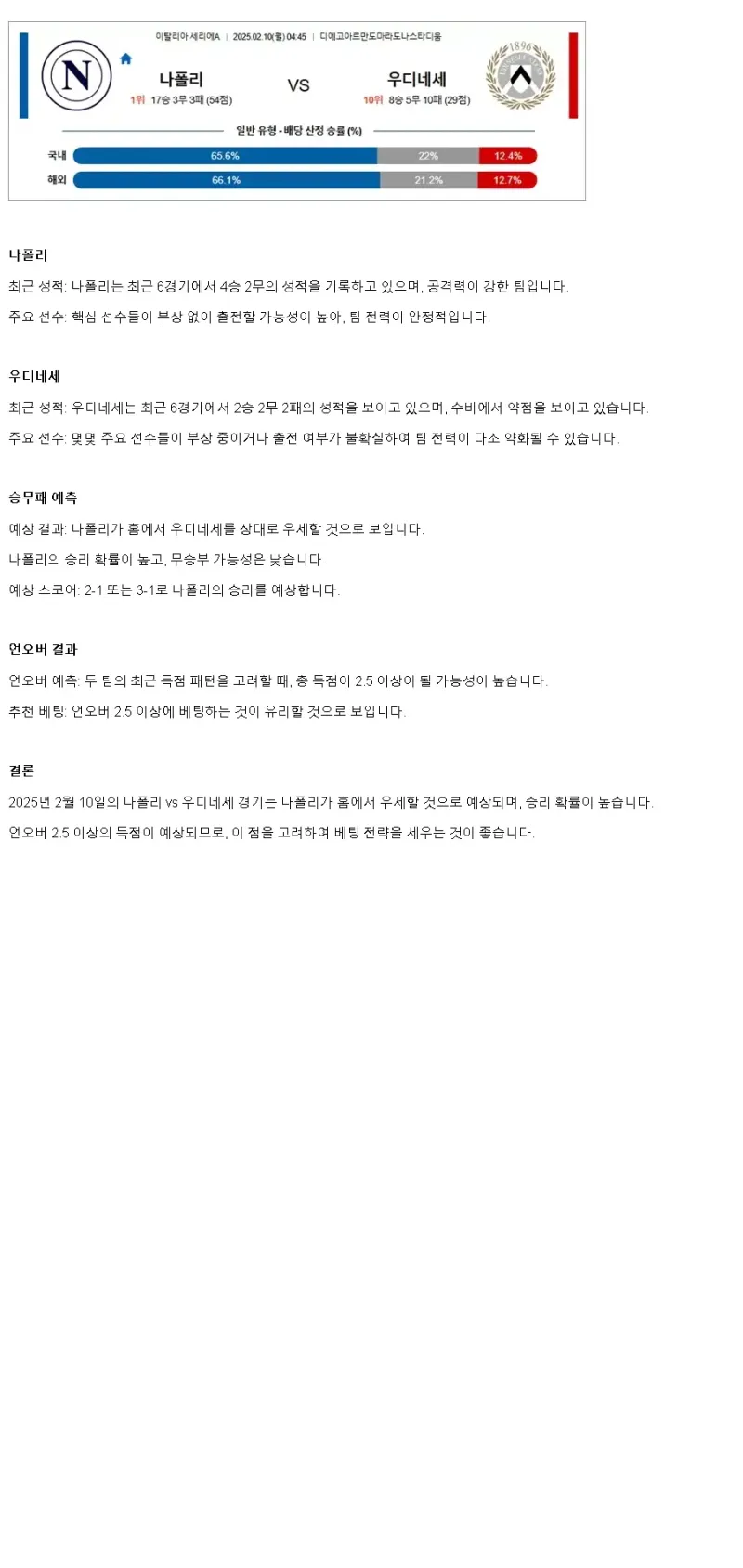 2025년2월10일 SSC 나폴리 우디네세 칼초 해외스포츠 분석 및 중계 올스티비