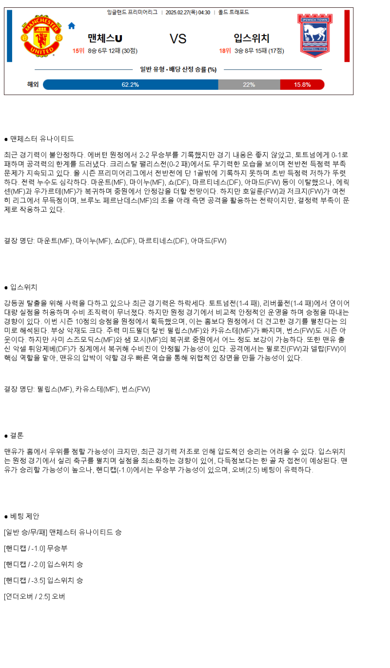 2025년 02월 27일 맨유 입스위치 해외축구 분석 및 중계 올스티비