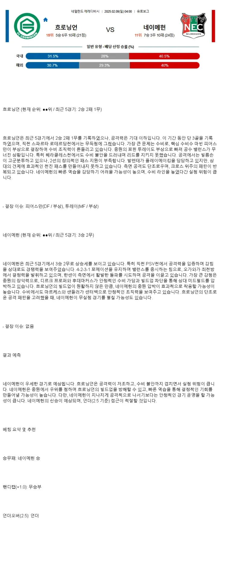 2025년2월9일 FC 흐로닝언 NEC 네이메헌 해외축구 중계 및 분석 올스티비