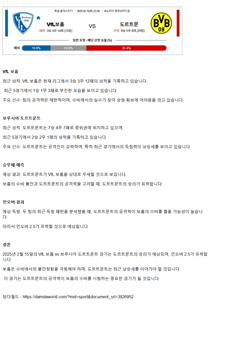 2025년2월15일 VfL 보훔 1848 BV 보루시아 09 도르트문트 해외축구 분석 및 중계 올스티비