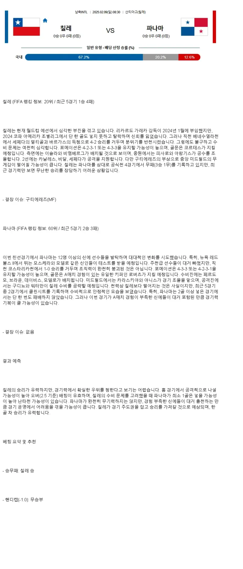 2025년2월9일 칠레 파나마 스포츠 중계 및 분석 올스티비