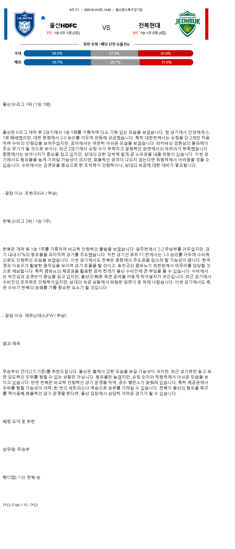 2025년3월1일 울산 HD FC 전북 현대 모터스 국내축구 중계 및 분석 올스티비
