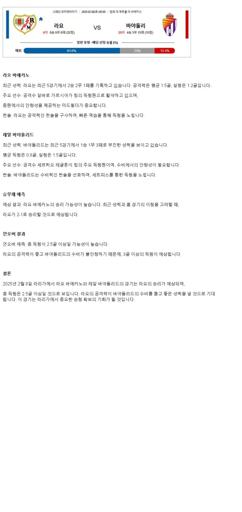 2025년2월8일 라요 바예카노 레알 바야돌리드 CF 해외축구 분석 및 중계 올스티비