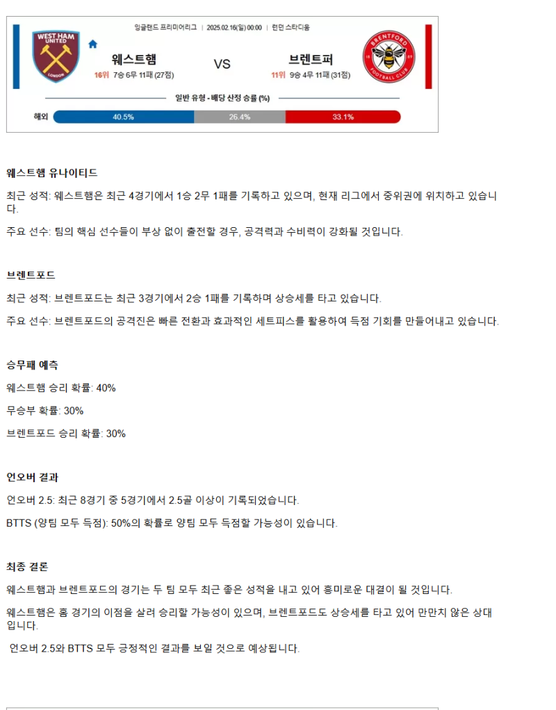 2025년2월16일 웨스트햄 유나이티드 FC 브렌트퍼드 FC 해외스포츠 분석 및 중계 올스티비