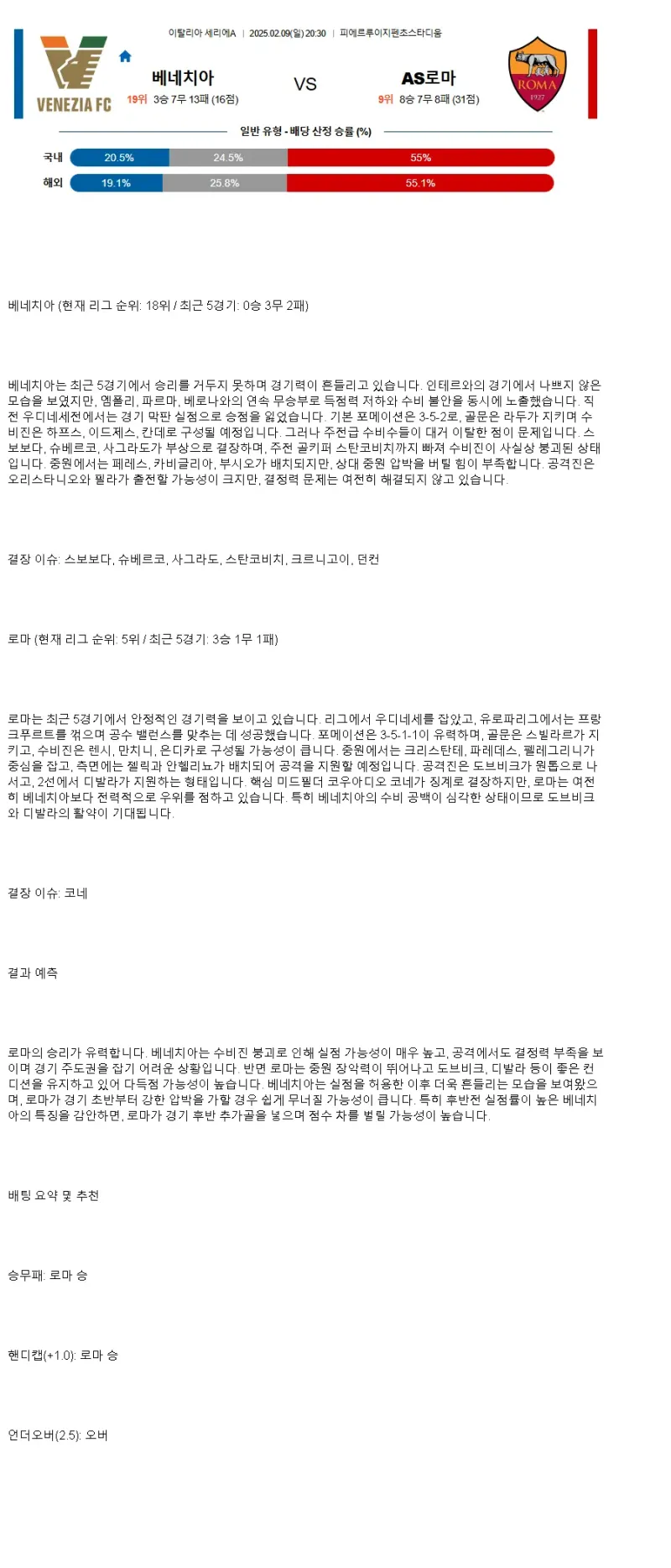 2025년2월9일 베네치아 FC AS 로마 스포츠 분석 및 중계 올스티비