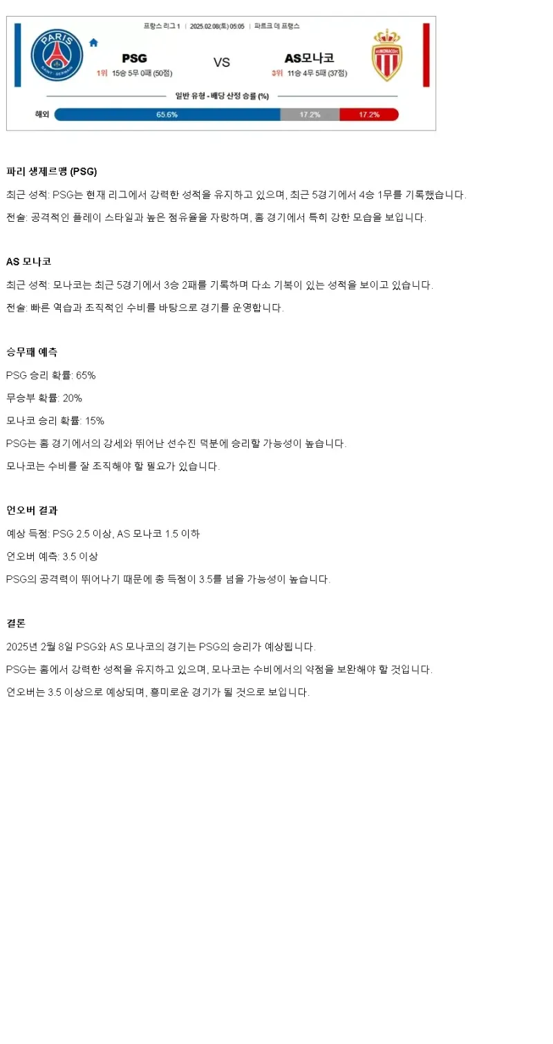 2025년2월8일 파리 생제르맹 FC AS 모나코 FC 스포츠 분석 및 중계 올스티비