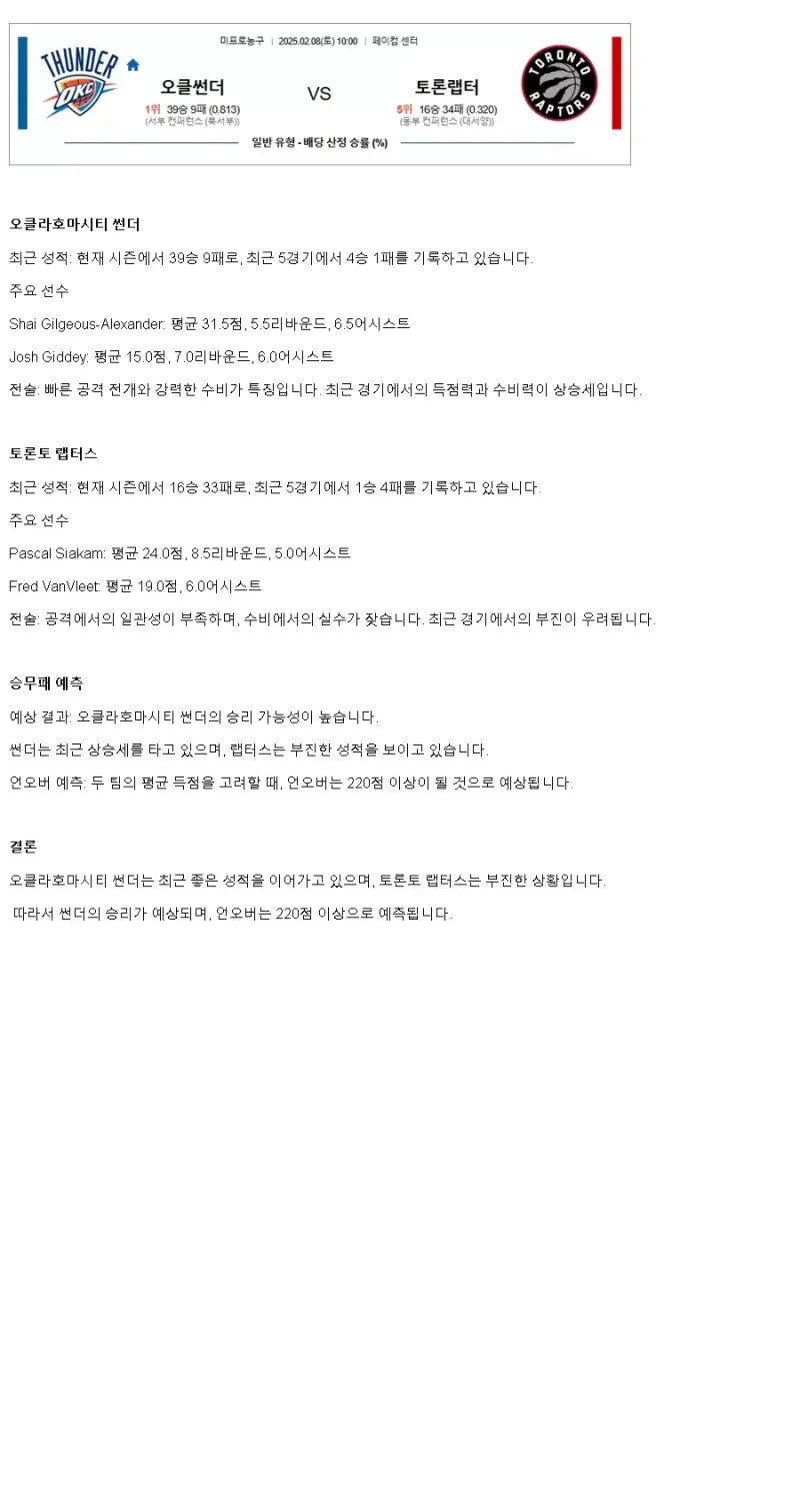 2025년2월8일 오클라호마 시티 썬더 토론토 랩터스 미국농구 분석 및 중계 올스티비