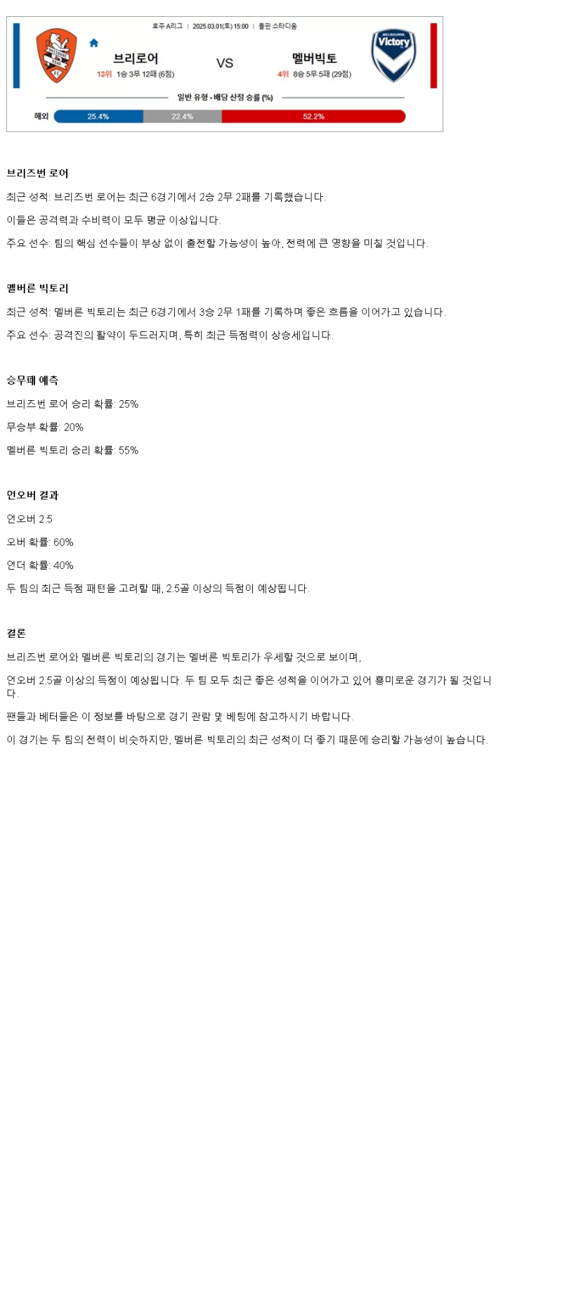 2025년3월1일 브리즈번 로어 멜버른 빅토리 해외스포츠 분석 및 중계 올스티비