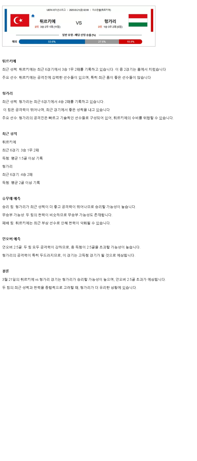 2025년 03월 21일 튀르키예 헝가리 스포츠 분석 및 중계 올스티비