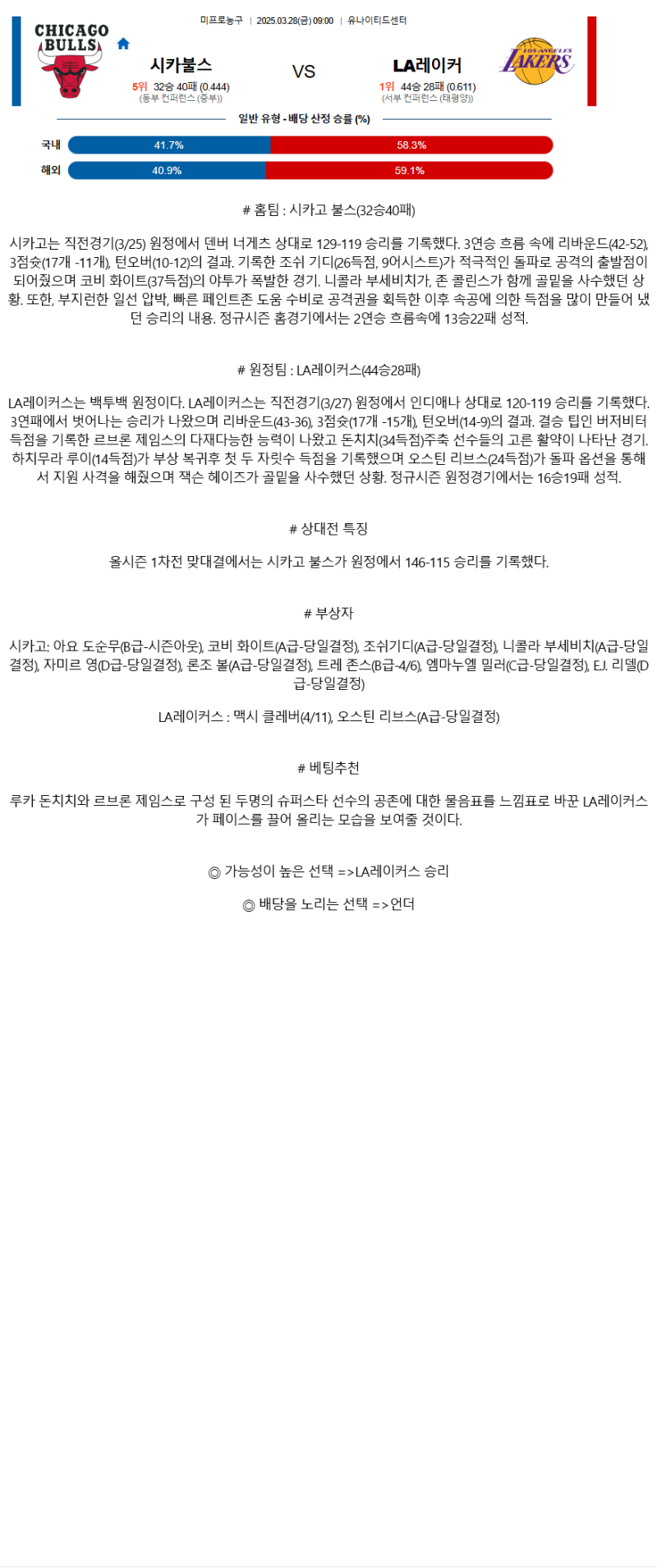 2025년 03월 28일 시카고 LA레이커스 해외농구 분석 및 중계 올스티비