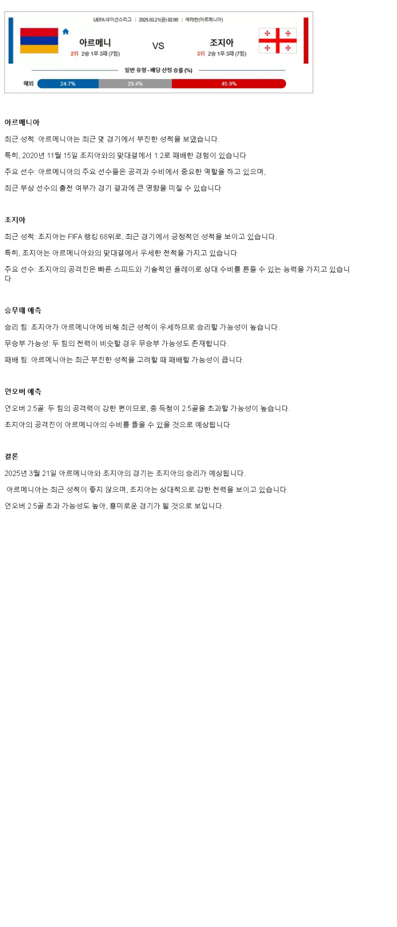 2025년 03월 21일 아르메니아 조지아 해외축구 중계 및 분석 올스티비