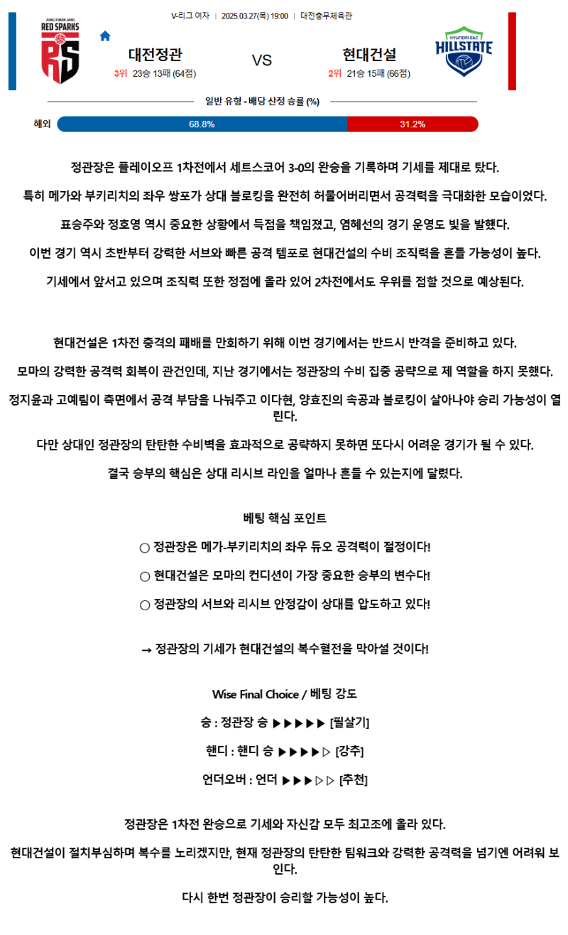 2025년 03월 27일 정관장 현대건설 배구 중계 및 분석 올스티비