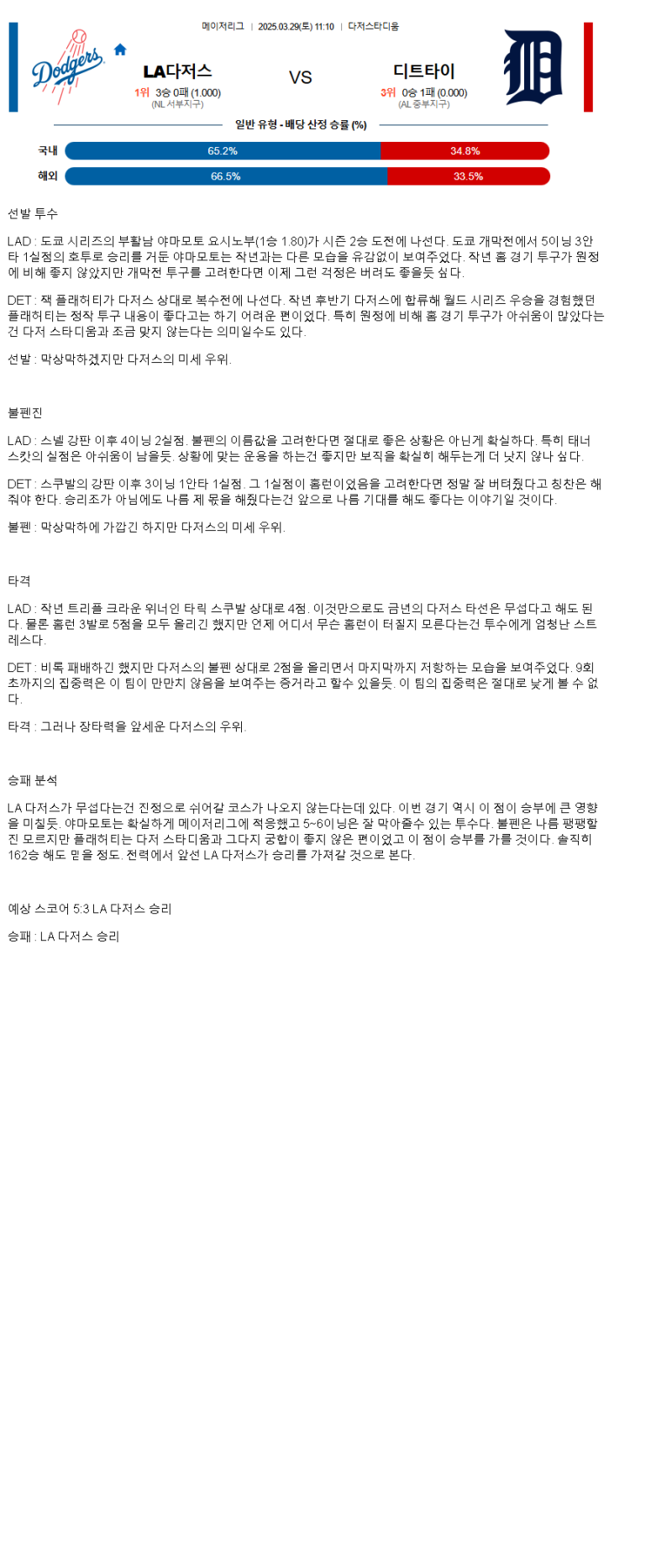 2025년 03월 29일 LA다저스 디트로이트 해외야구 중계 및 분석 올스티비
