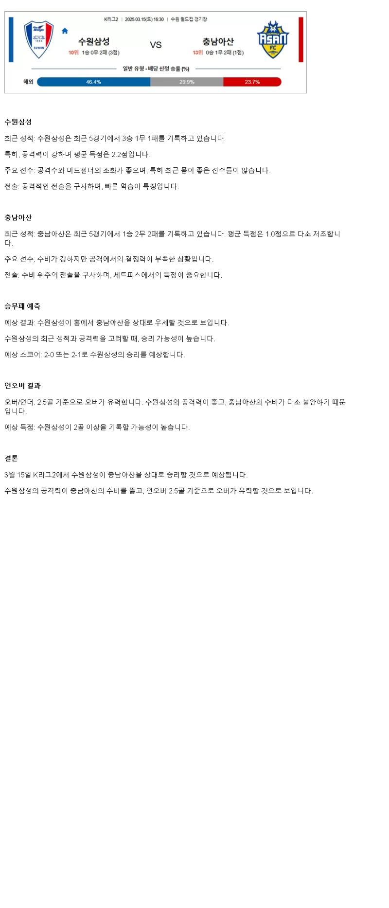 2025년 03월 15일 수원 충남아산 해외스포츠 중계 및 분석 올스티비