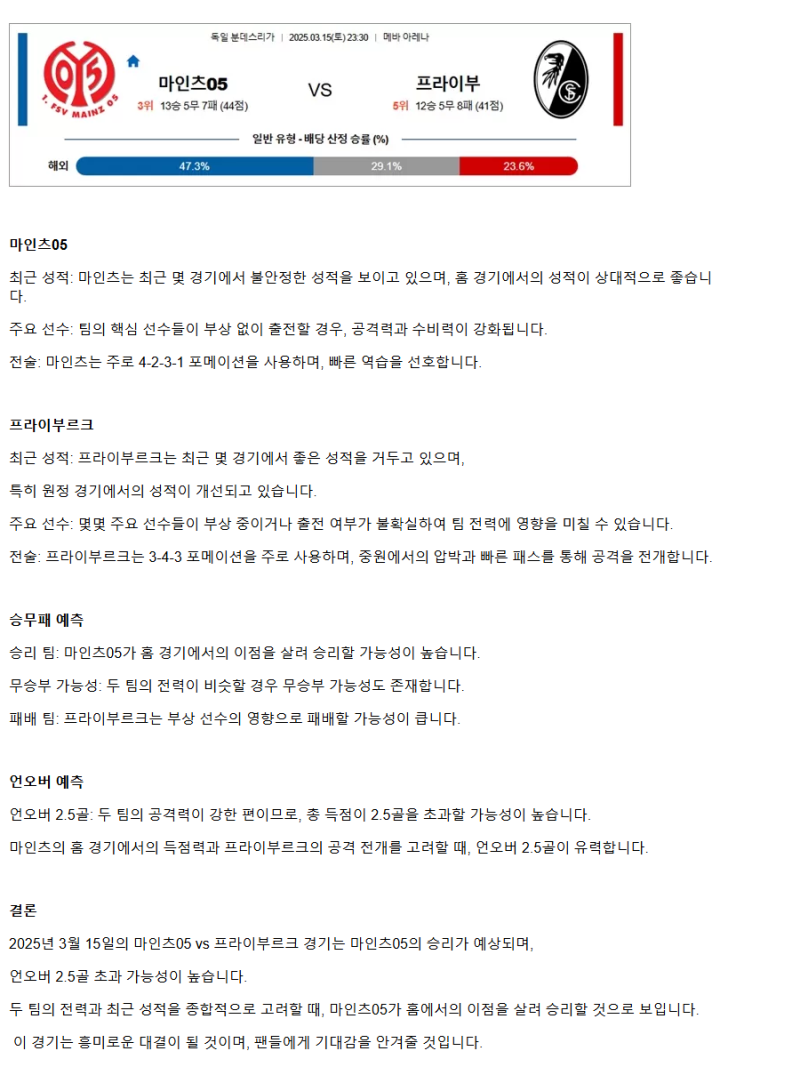 2025년 03월 15일 마인츠 프라이부르크 해외스포츠 중계 및 분석 올스티비