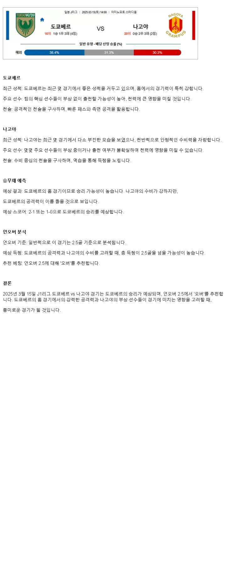 2025년 03월 15일 도쿄 베르디 나고야 해외스포츠 중계 및 분석 올스티비
