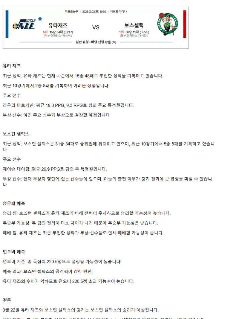 2025년3월22일 유타 재즈 보스턴 셀틱스 해외농구 중계 및 분석 올스티비