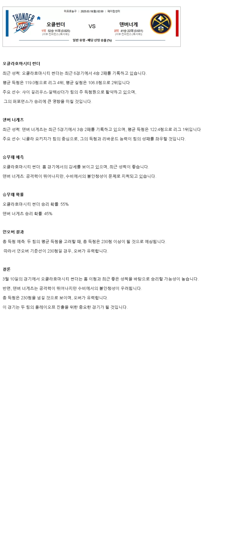 2025년 03월 10일 오클라호마 덴버 해외농구 중계 및 분석 올스티비