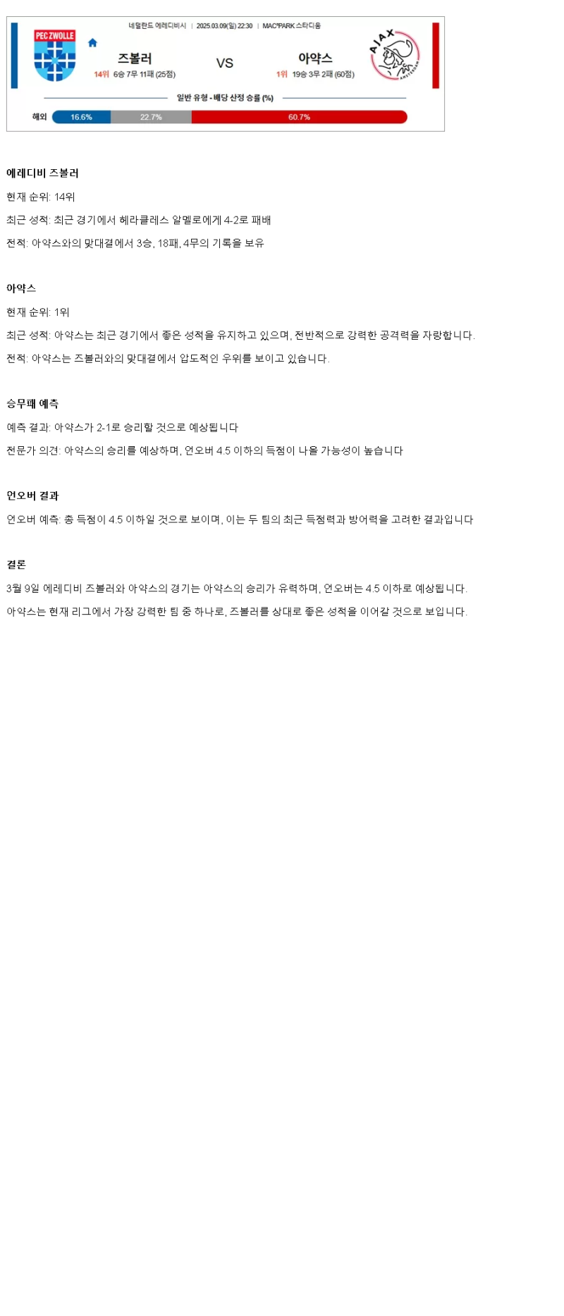 2025년 03월 09일 즈볼레 아약스 해외축구 분석 및 중계 올스티비