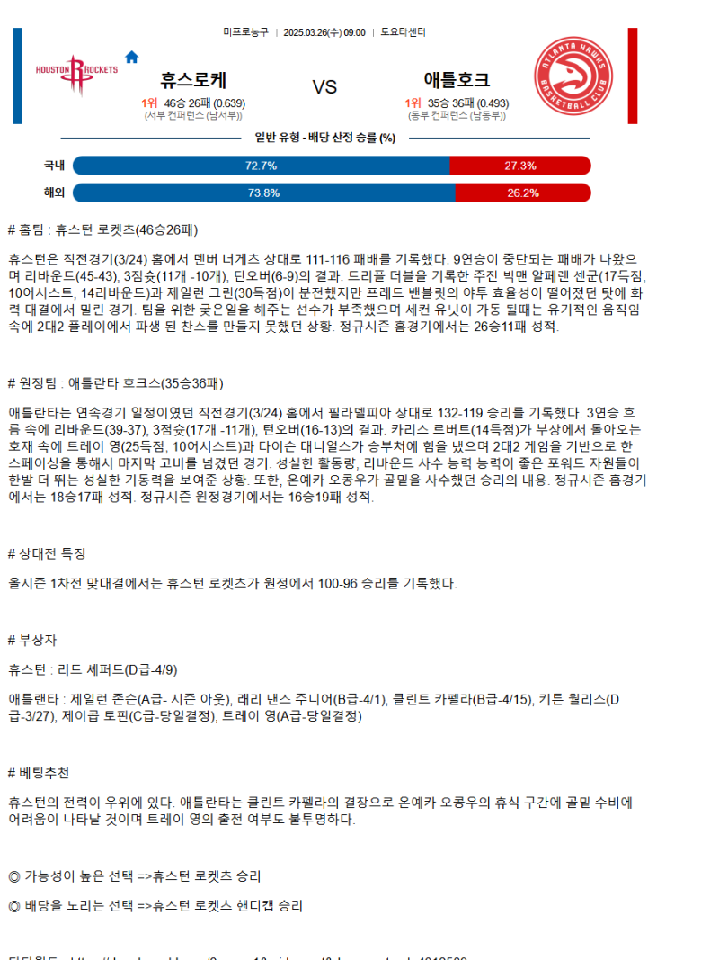 2025년3월26일 휴스턴 로케츠 애틀랜타 호크스 미국농구 중계 및 분석 올스티비