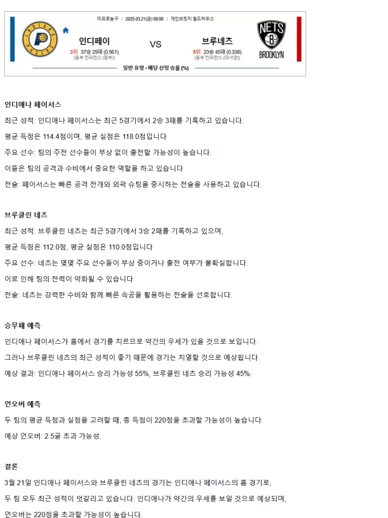 2025년3월21일 인디애나 페이서스 브루클린 네츠 해외농구 중계 및 분석 올스티비