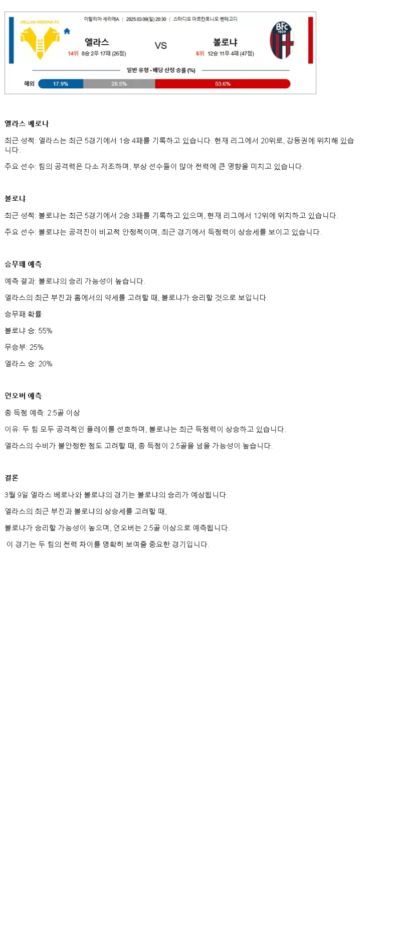 2025년 03월 09일 베로나 볼로냐 스포츠 분석 및 중계 올스티비