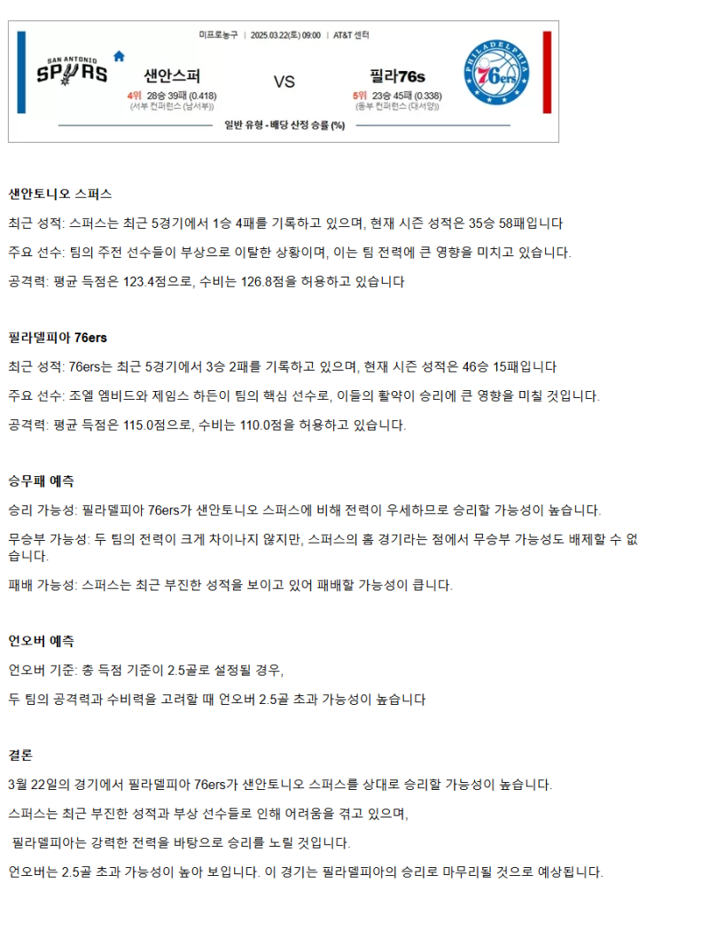 2025년3월22일 샌안토니오 스퍼스 필라델피아 세븐티식서스 NBA 분석 및 중계 올스티비