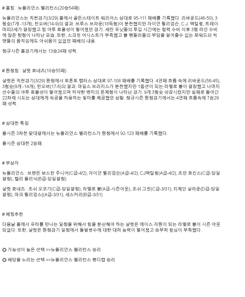 2025년 03월 31일 뉴올리언즈 샬럿 NBA 분석 및 중계 올스티비